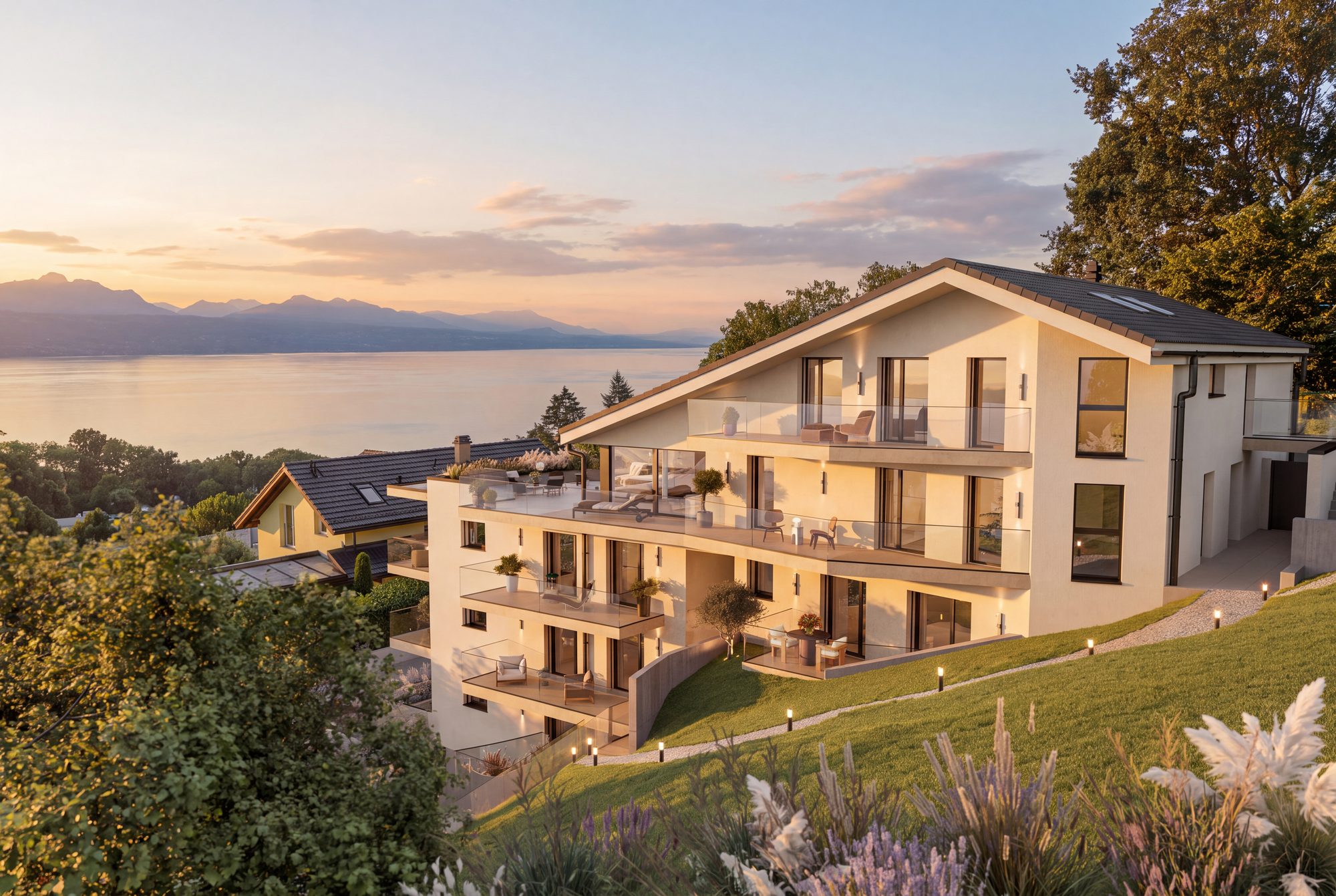 Façade du bâtiment Panorama et ses terrasses au coucher du soleil