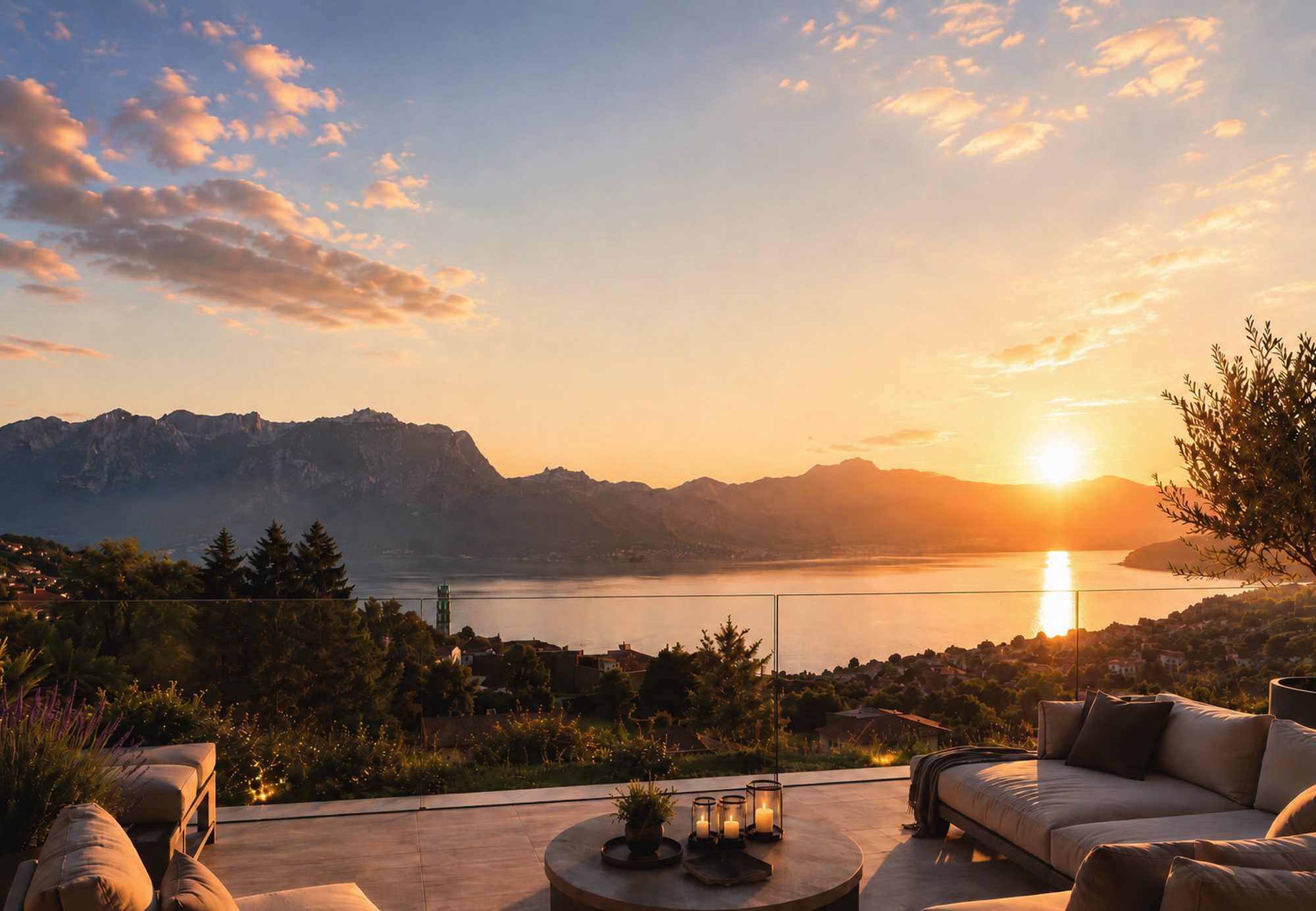 Terrasse au coucher du soleil avec vue sur le Léman et les Alpes